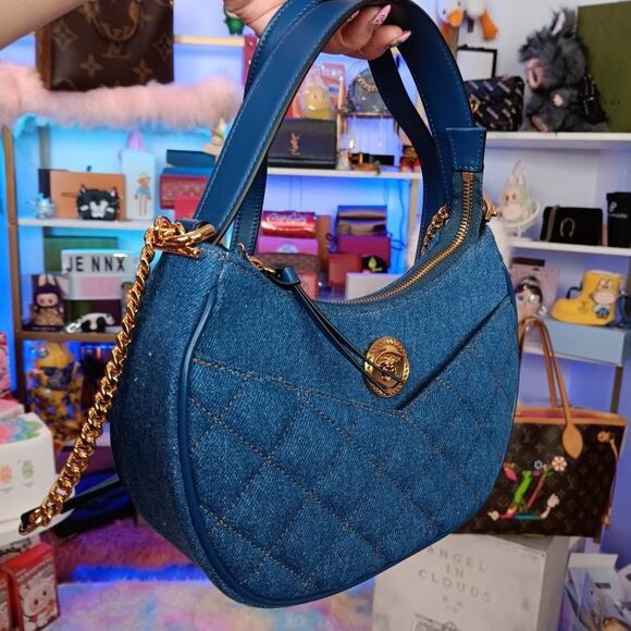 New Versace Denim Calfskin Quilted Medusa Half Moon Shoulder Bag Blue - Picture 3 of 11